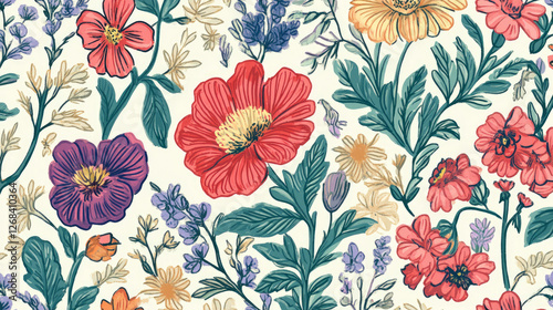 Wallpaper Mural A vibrant floral pattern featuring various colorful flowers and greenery. Torontodigital.ca