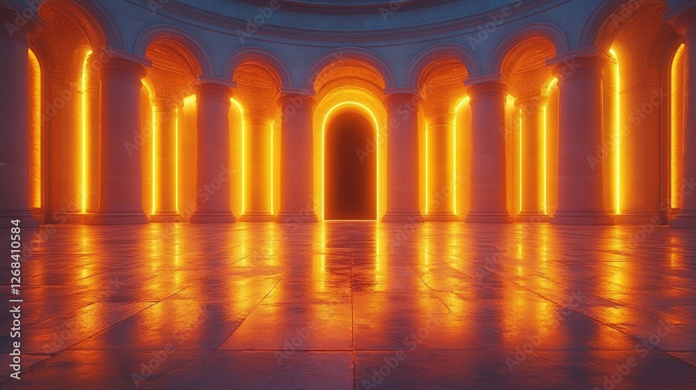 Obraz premium Room with orange lights and illuminated doorway leading into dark mysterious space