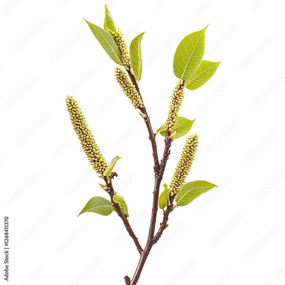 Twig with green leaves isolated on white background. Spring twig. Twig with green leaves isolated on white background. Spring twig.