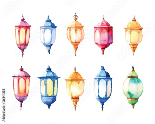 Hand-painted watercolor lantern set with colorful glass and intricate metal details for Islamic decoration and festive ambiance  
