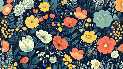 Wallpaper Mural A vibrant floral pattern featuring various colorful flowers and leaves on a dark background. Torontodigital.ca