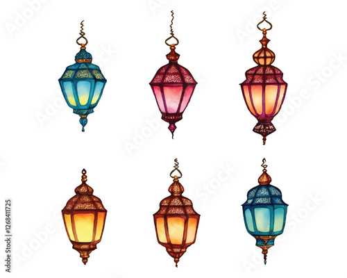 Hand-painted watercolor lantern set with colorful glass and intricate metal details for Islamic decoration and festive ambiance  
