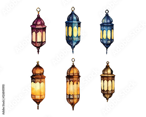 Hand-painted watercolor lantern set with colorful glass and intricate metal details for Islamic decoration and festive ambiance  
