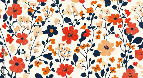 A vibrant floral pattern featuring various colorful flowers and leaves on a light background.