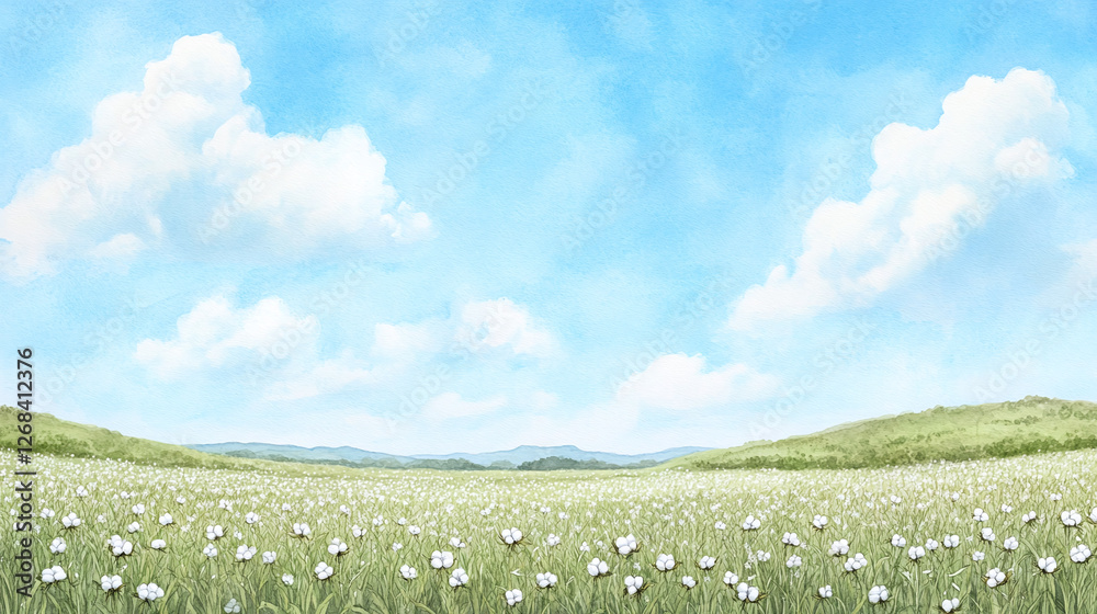 Fototapeta premium Serene Cotton Field Under a Cloud-Kissed Sky