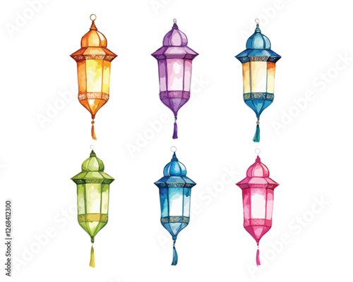 Hand-painted watercolor lantern set with colorful glass and intricate metal details for Islamic decoration  
