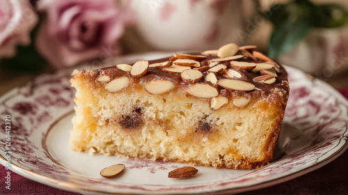 Wallpaper Mural A piece of marzipan cake on a porcelain plate, rich almond filling, covered with fondant and garnished with crushed almonds Torontodigital.ca