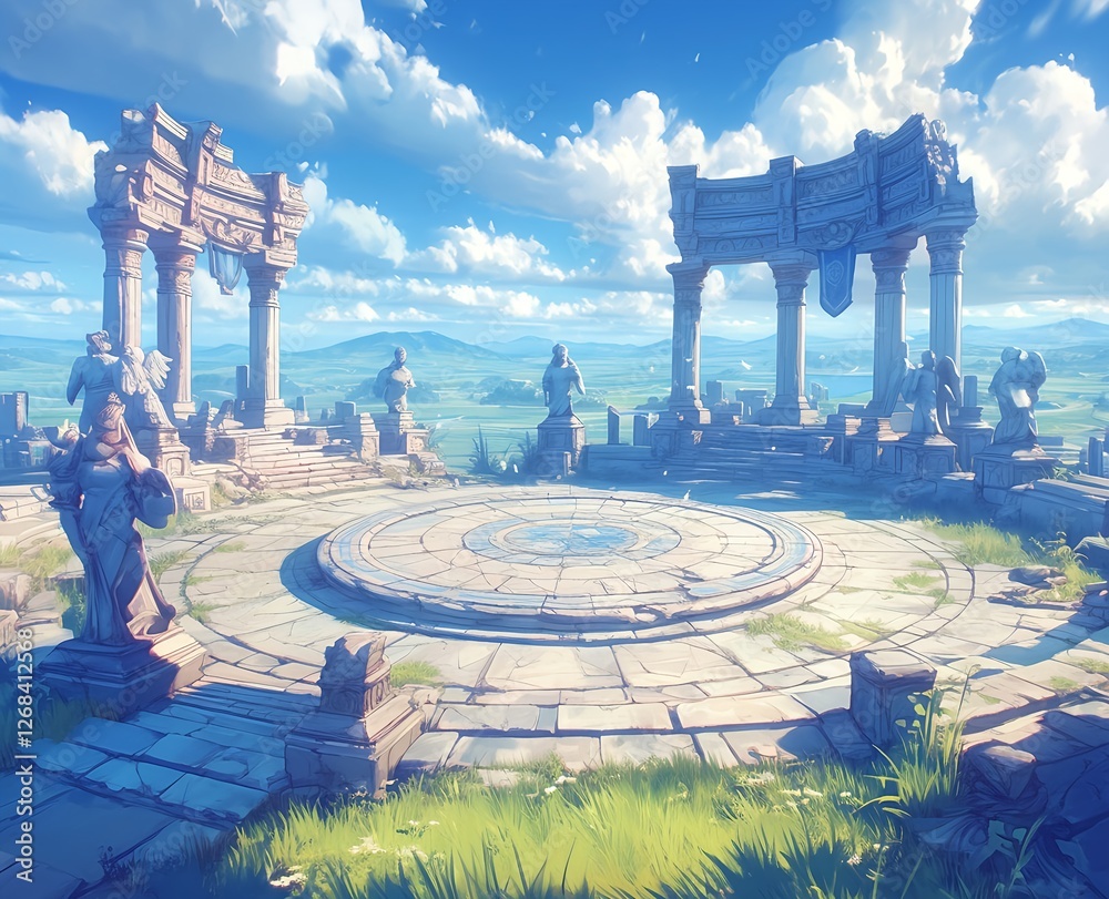 Fototapeta premium Ancient circular stone arena with columns and ruins on grassy plain under bright cloudy sky