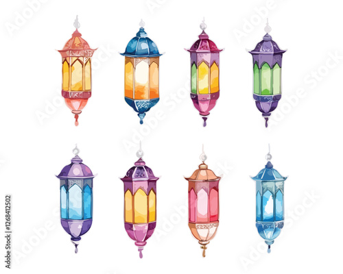 Hand-painted watercolor lantern set with colorful glass and intricate metal details for Islamic decoration  
