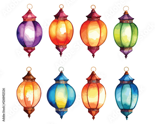 Hand-painted watercolor lantern set with colorful glass and intricate metal details for Islamic decoration  
