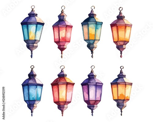Hand-painted watercolor lantern set with colorful glass and intricate metal details for Islamic decoration  
