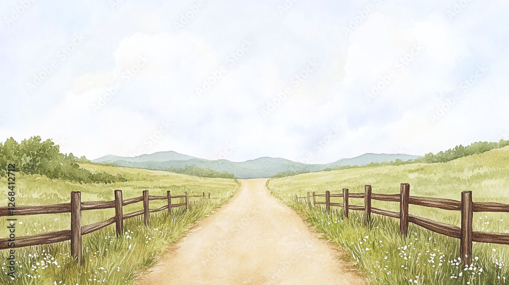 Watercolor Painting of a Country Road and Hills Watercolor Painting of a Country Road and Hills