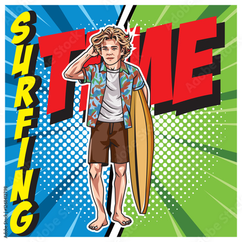 A young man poses on the beach holding a surfboard