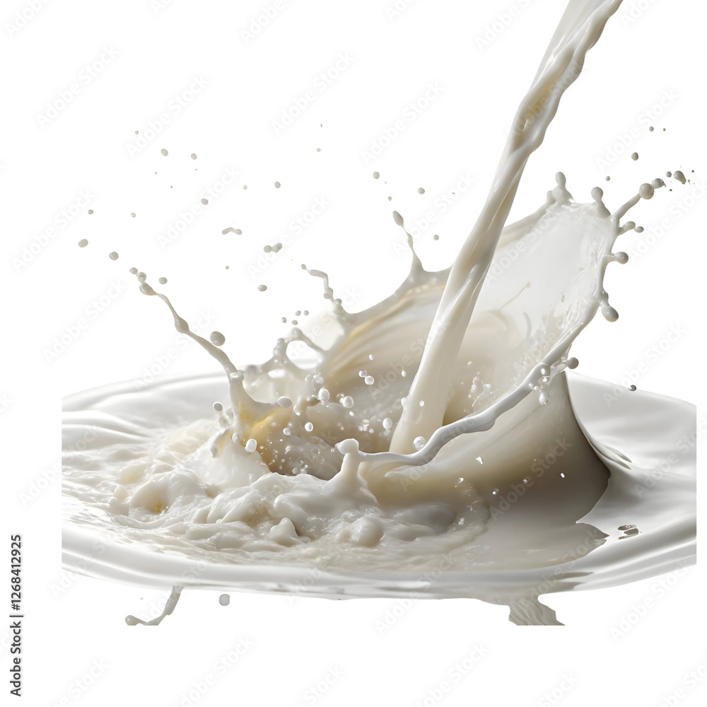 Milk splashes dramatically in a high-speed capture showcasing dynamic motion and fluidity with a white background Milk splashes dramatically in a high-speed capture showcasing dynamic motion and fluidity with a white background