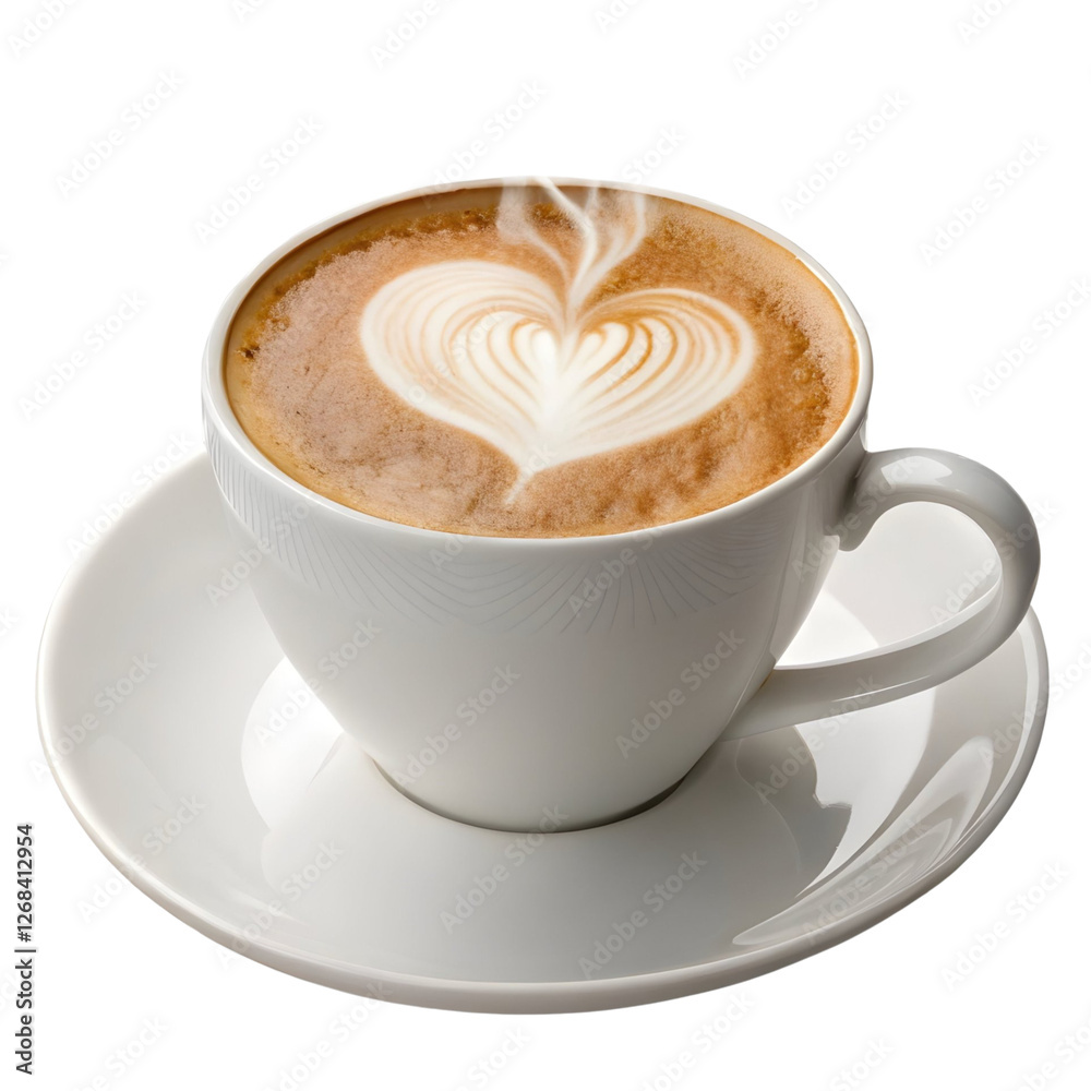 Perfectly crafted latte with heart design served in a white cup on saucer Perfectly crafted latte with heart design served in a white cup on saucer