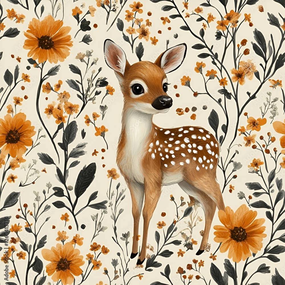 Fototapeta premium Seamless woodland deer pattern with autumn leaves and cute wildlife