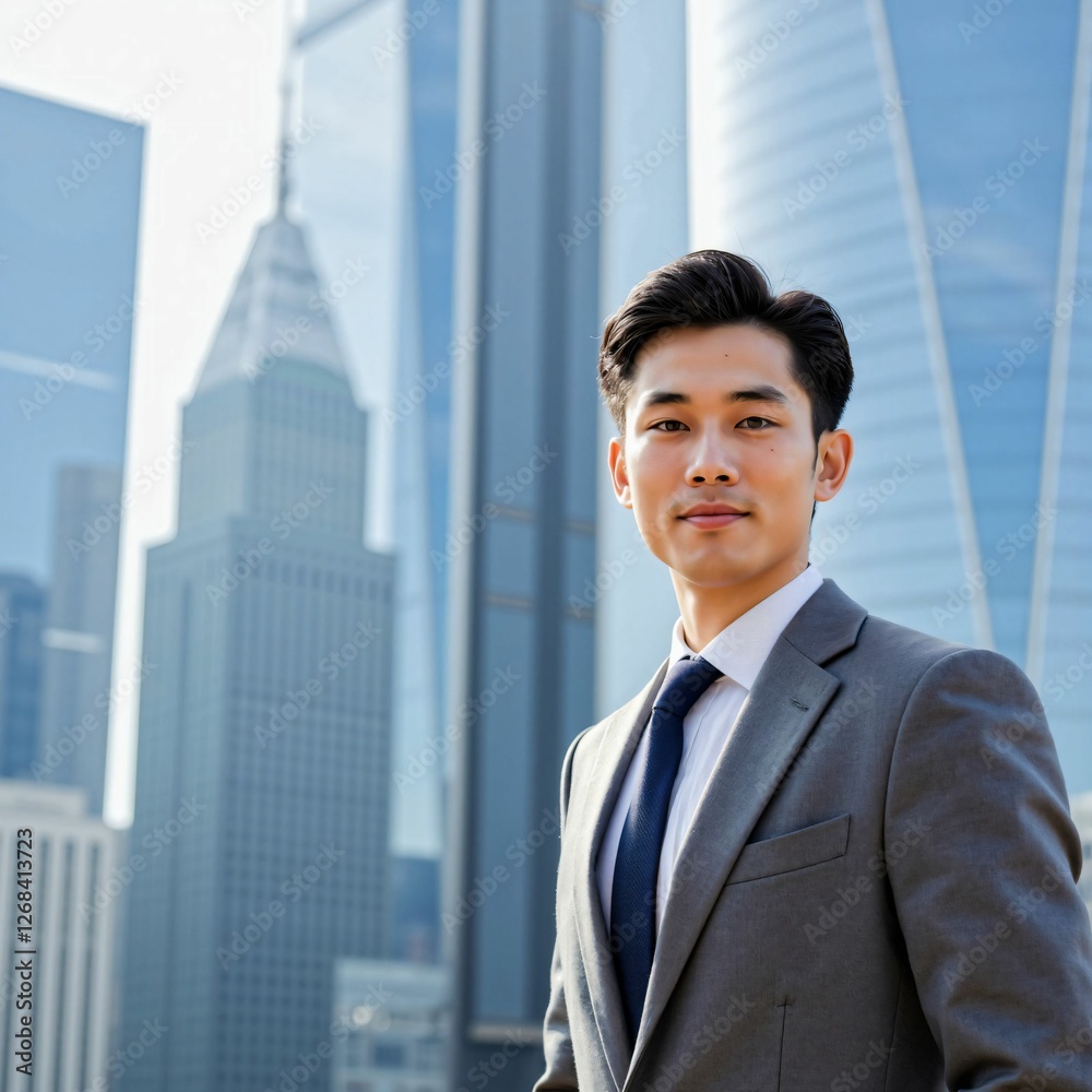 Confident Asian Businessman Walking Through a Modern Cityscape – Professional Success and Leadership in the Corporate World Confident Asian Businessman Walking Through a Modern Cityscape – Professional Success and Leadership in the Corporate World