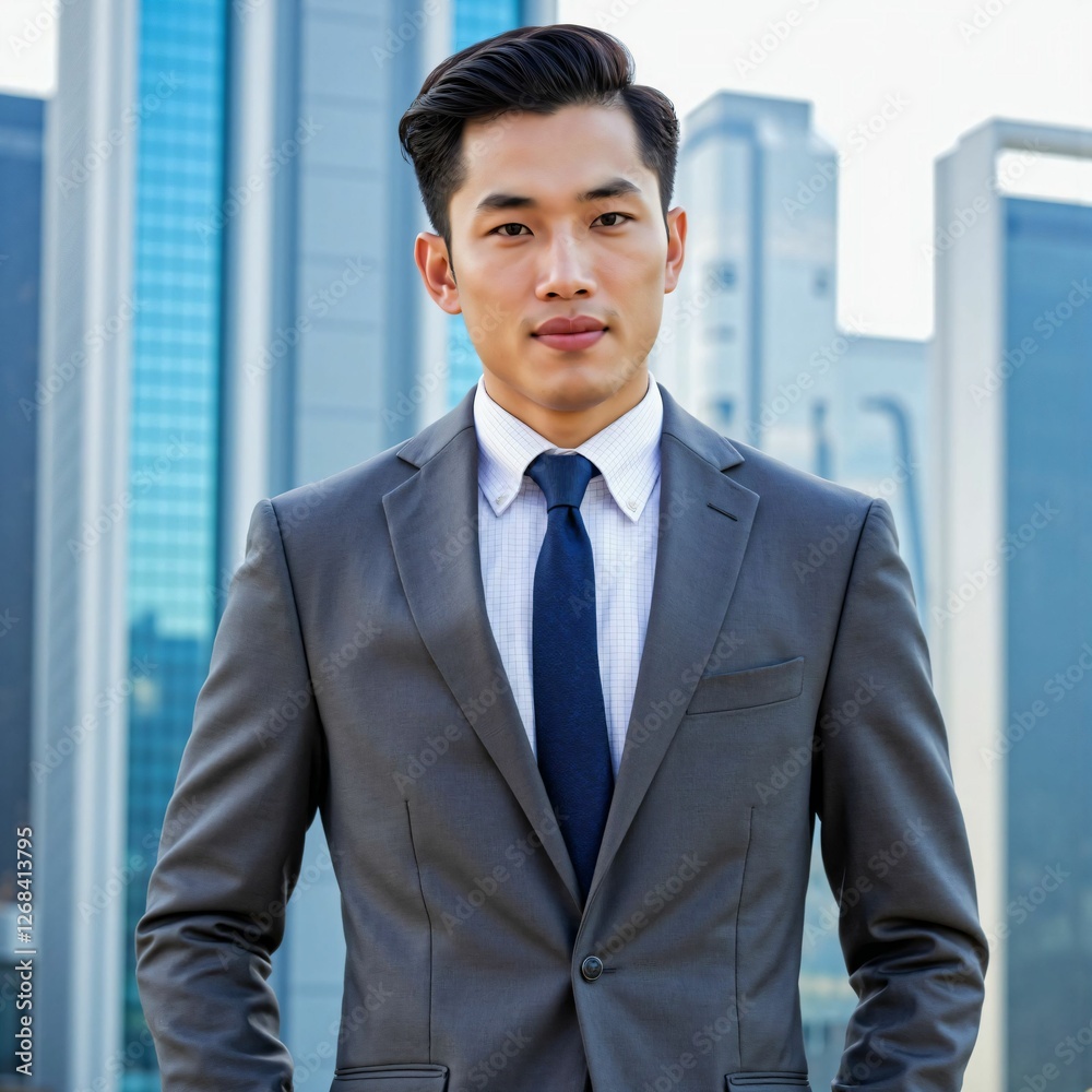 Confident Asian Businessman Walking Through a Modern Cityscape – Professional Success and Leadership in the Corporate World Confident Asian Businessman Walking Through a Modern Cityscape – Professional Success and Leadership in the Corporate World