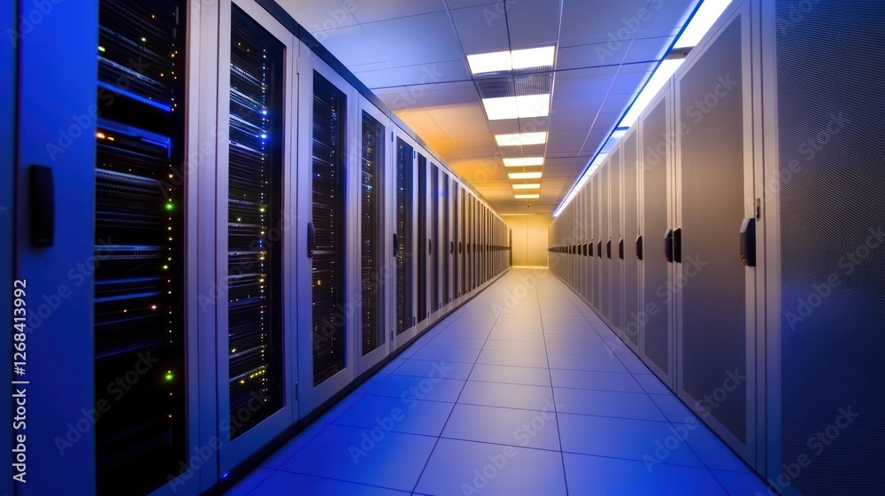 Fototapeta premium Data center aisle, servers, network, technology, blue lighting, IT infrastructure, security, computing