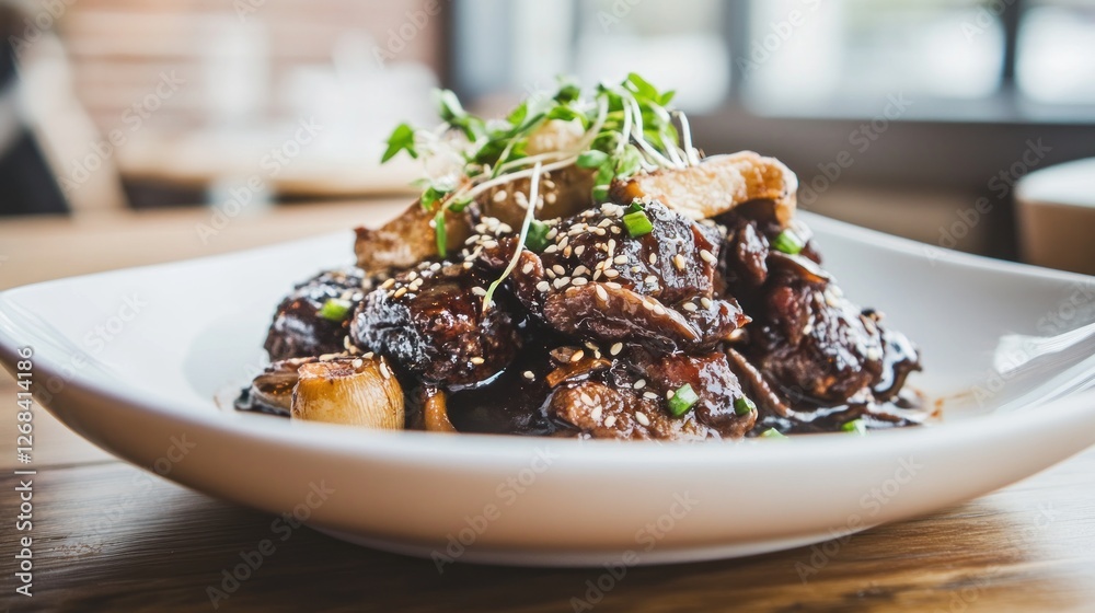 Delicious beef dish with mushrooms, sesame seeds, and microgreens served on a white plate. Delicious beef dish with mushrooms, sesame seeds, and microgreens served on a white plate.
