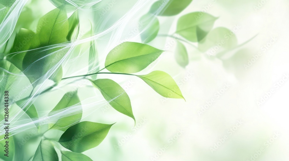 Lush green leaves, ethereal veil, nature backdrop, spring freshness, website banner Lush green leaves, ethereal veil, nature backdrop, spring freshness, website banner