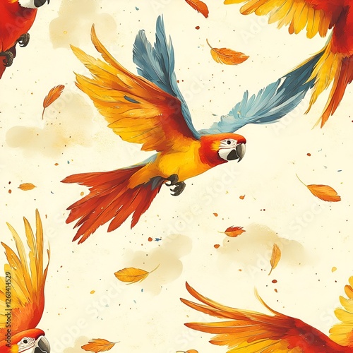 Seamless tropical parrot pattern with vibrant colors and jungle theme