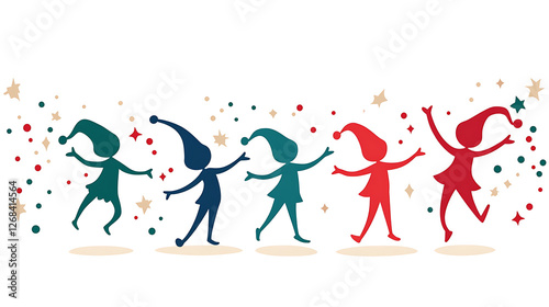 Joyful Elves Dancing Celebration Silhouette Background Festive and Colorful Holiday Scene with Stars