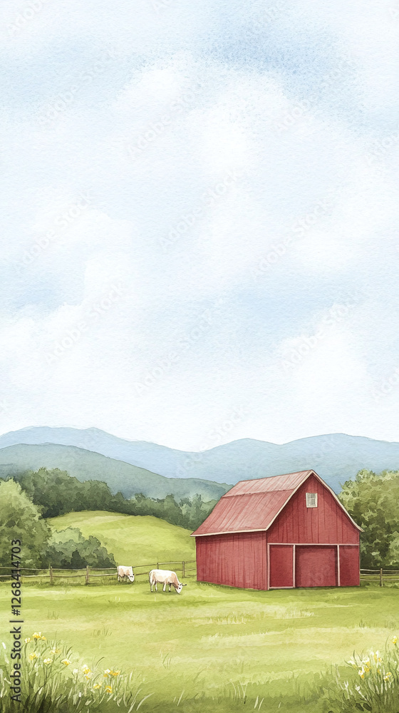 Watercolor Painting of a Red Barn and Cows in a Meadow Watercolor Painting of a Red Barn and Cows in a Meadow