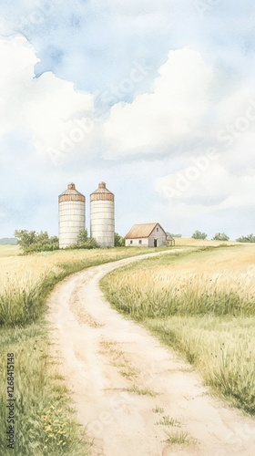 Serene Countryside Farm Scene Watercolor Painting