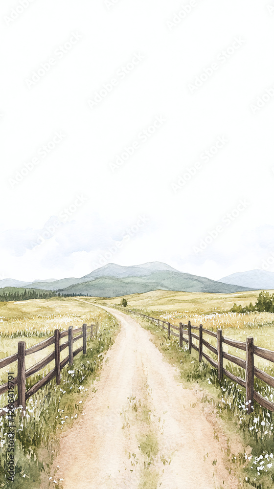 Serene Countryside Path Watercolor Painting Serene Countryside Path Watercolor Painting