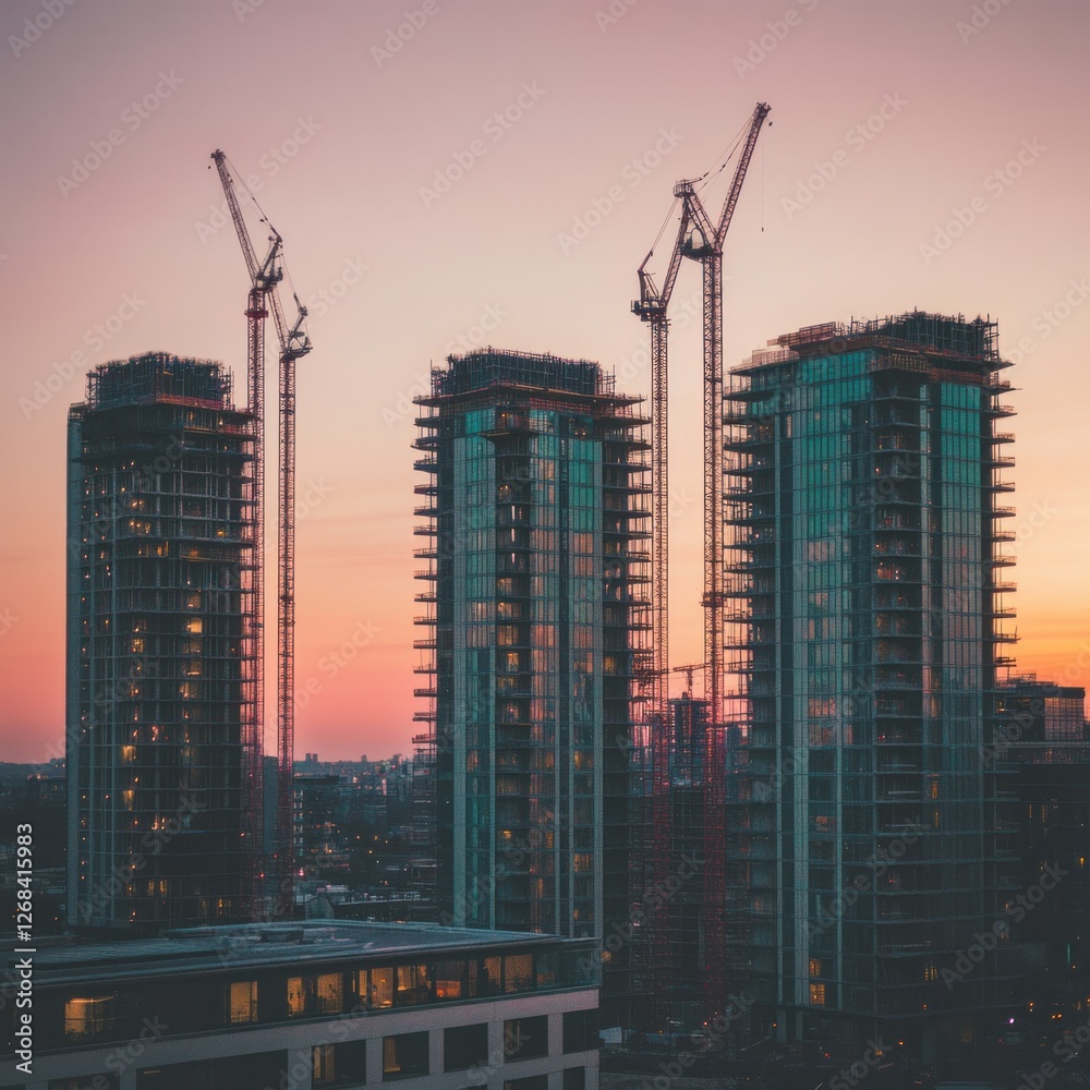 Fototapeta premium Cityscape sunset construction cranes skyscrapers development