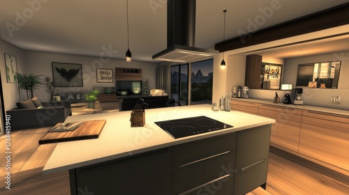 Modern kitchen island, open-plan living, evening sunset view, home design rendering