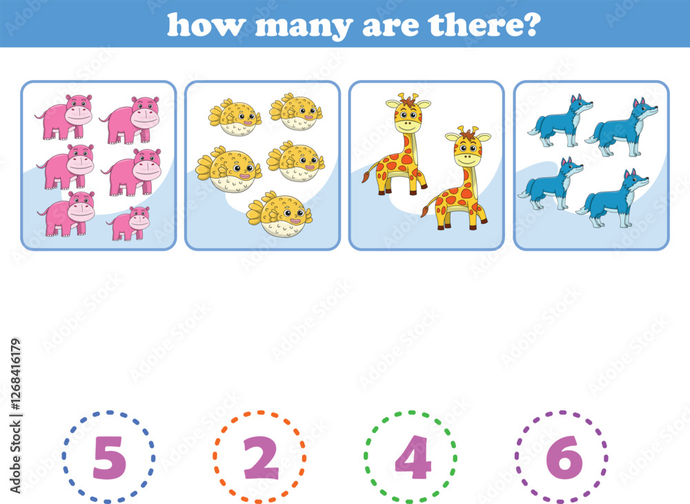 Obraz premium Counting game of wild animals for preschool kids. Printable. Vector Illustration