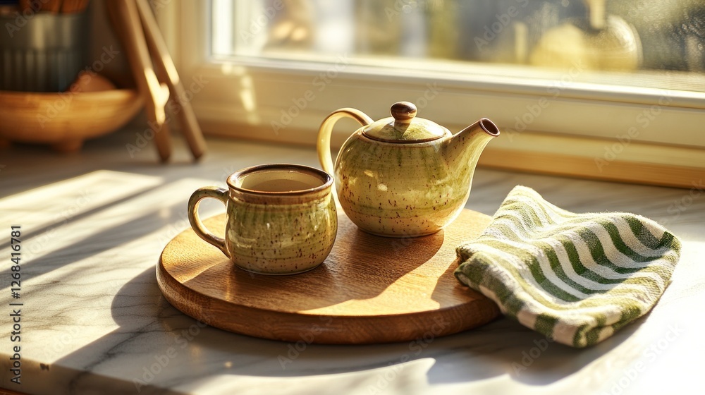 Fototapeta premium Sunny kitchen window, teapot, mug, tea, wooden tray, morning sunlight, relaxing, calm, home