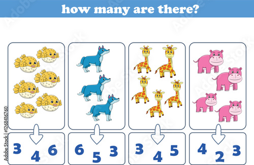 Counting game of wild animals for preschool kids. Printable. Vector Illustration