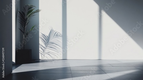 Sunlight streams into minimalist room, palm plant casts shadow on wall, empty space for design