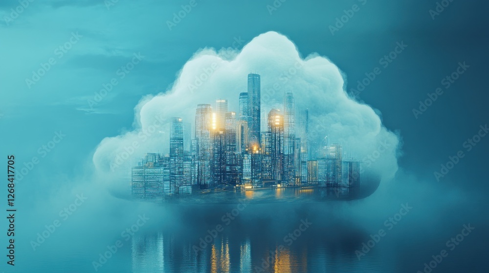 Futuristic city nestled in cloud, night scene, digital concept, data storage Futuristic city nestled in cloud, night scene, digital concept, data storage