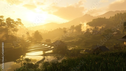 Sunrise over misty rice terraces, mountain village, idyllic scene, travel brochure