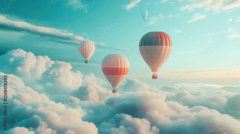 Fototapeta premium Hot air balloons soar above fluffy clouds at sunset; dreamy travel scene