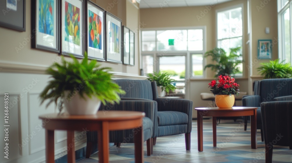Fototapeta premium Serene waiting area, vibrant art, plants, exit visible