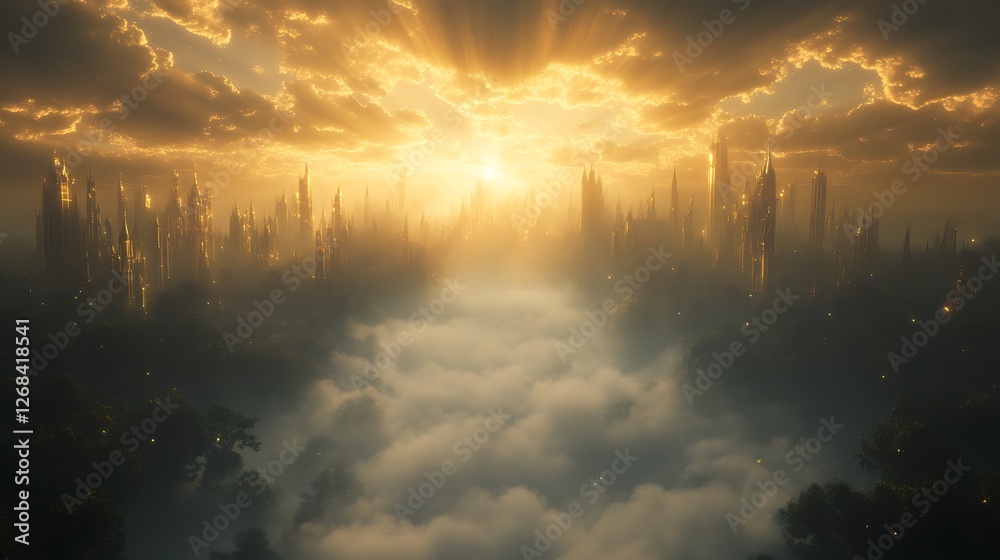 Fototapeta premium A stunning image of a radiant golden city set in a celestial landscape, featuring intricate structures.
