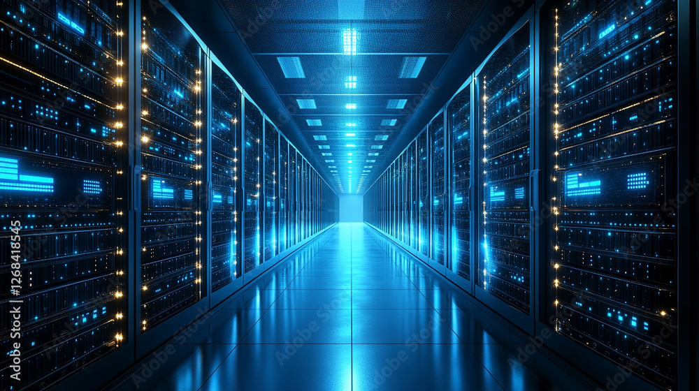 A long corridor of rows of servers in a data center, symbolizing the vast scale and power of cloud computing technology, highlighting the modern infrastructure supporting digital services A long corridor of rows of servers in a data center, symbolizing the vast scale and power of cloud computing technology, highlighting the modern infrastructure supporting digital services