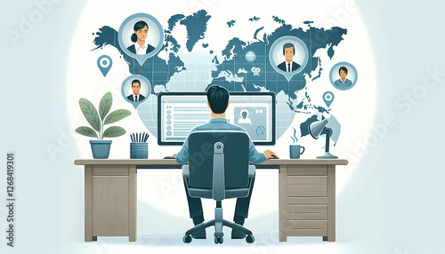 Remote Work A professional remote worker sits at a desk, facing a computer monitor
