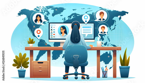 Remote Work A professional remote worker sits at a desk, facing a computer monitor