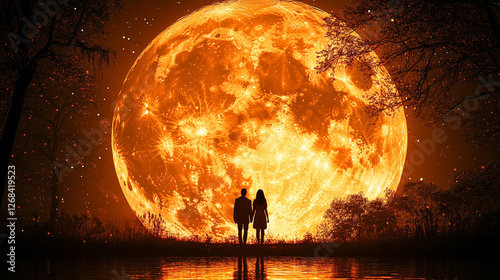 Romantic sunset silhouette of a couple against a large moon with water reflections, modern bright tones, blurred background, and empty caption space, symbolizing love, tranquility, and connection.

