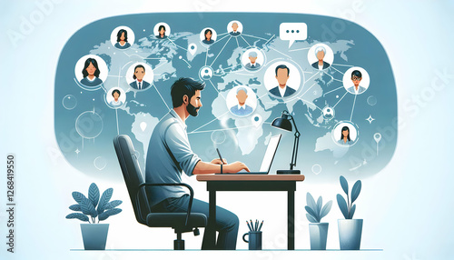 Remote Work A side-angle view of a remote worker at a desk, engaged in an online collaboration