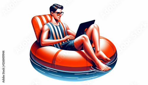 Remote Work A modern and aesthetic illustration of a remote worker floating on an orange inflatable ring while u3