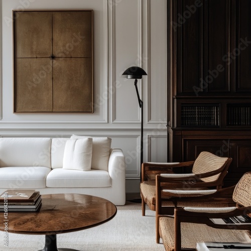 Modern living room, minimalist design, wooden furniture, calm atmosphere, interior design, home decor