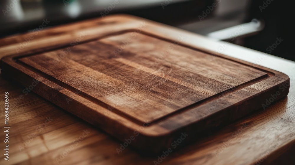 Wooden cutting board on kitchen counter, food prep Wooden cutting board on kitchen counter, food prep