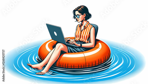 Remote Work A digital nomad sitting comfortably on an orange inflatable ring, floating on water while working on2